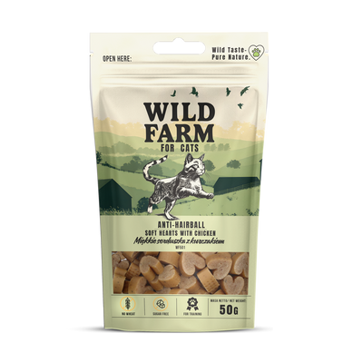 WILD FARM anti-haarbal zachte kippenhartjes 50g kattensnoepjes