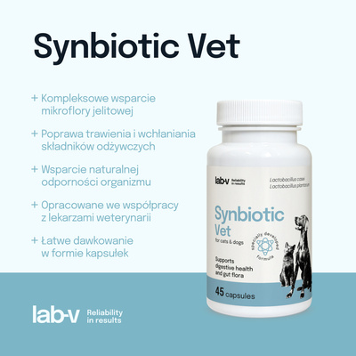 LAB-V Synbiotic Vet - ondersteuning van de gastro-intestinale gezondheid en darmflora voor honden en katten 45 capsules