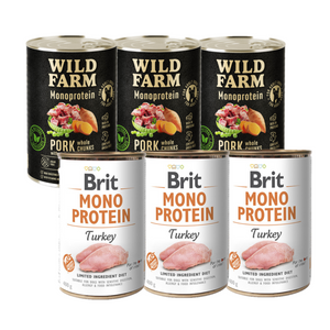 Brit Mono Eiwit met kalkoen 3x400g + WILD FARM Monoprotein Pork 3x400g
