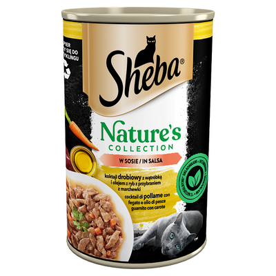 SHEBA blikje 400 g Nature's Collection - volledig natvoer voor volwassen katten, gevogeltecocktail met lever en visolie met wortelgarnituur, in saus