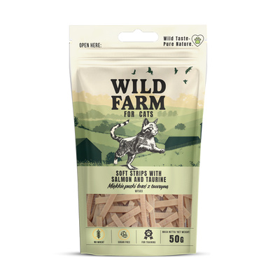WILD FARM zachte reepjes zalm met taurine 50g kattensnoepje