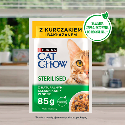 CAT CHOW Gesteriliseerd Kattenvoer met Kip en Aubergine in Saus 85g - 20 SIZEN + 6 GRATIS !!! + Groominghandschoen - Cat Chow GRATIS !